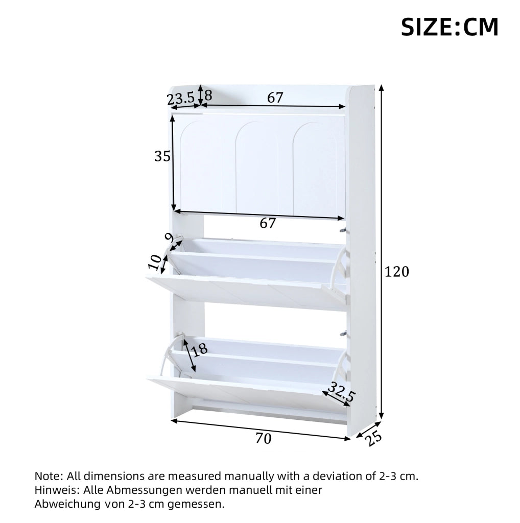 Scarpiera con 3 ante a ribalta; 70 x 25 x 120 cm; MDF; bianco