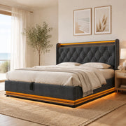Letto matrimoniale 140x200 cm in lino grigio con LED 360; contenitore idraulico e porte USB