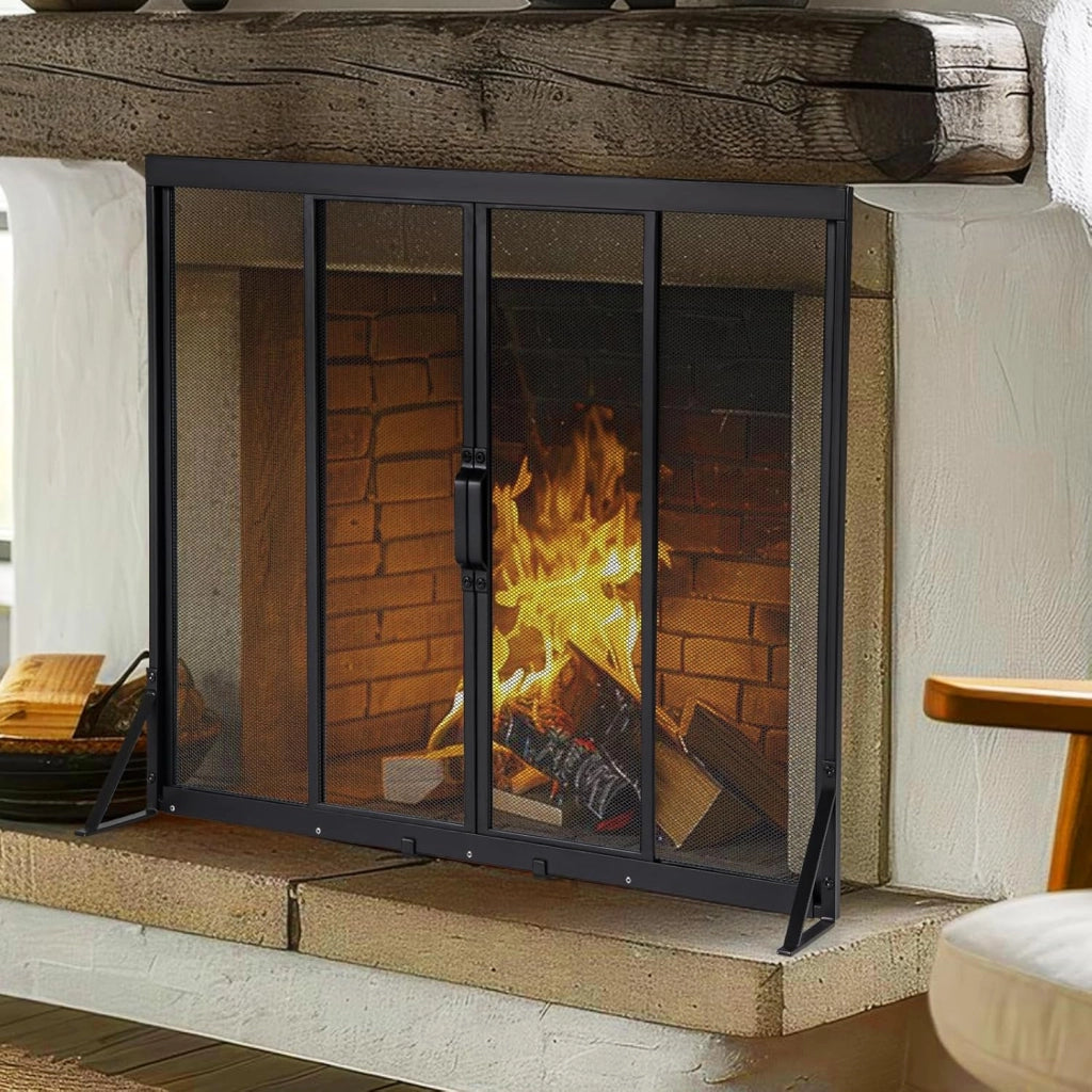 Griglia Parascintille Camino con 2 Pannelli Scorrevoli, Maniglie Convenienti e Telai di Supporto a Triangolo, Ventilazione Eccellente, Schermo per Camino in Rete Metallica (96 x 79 cm)