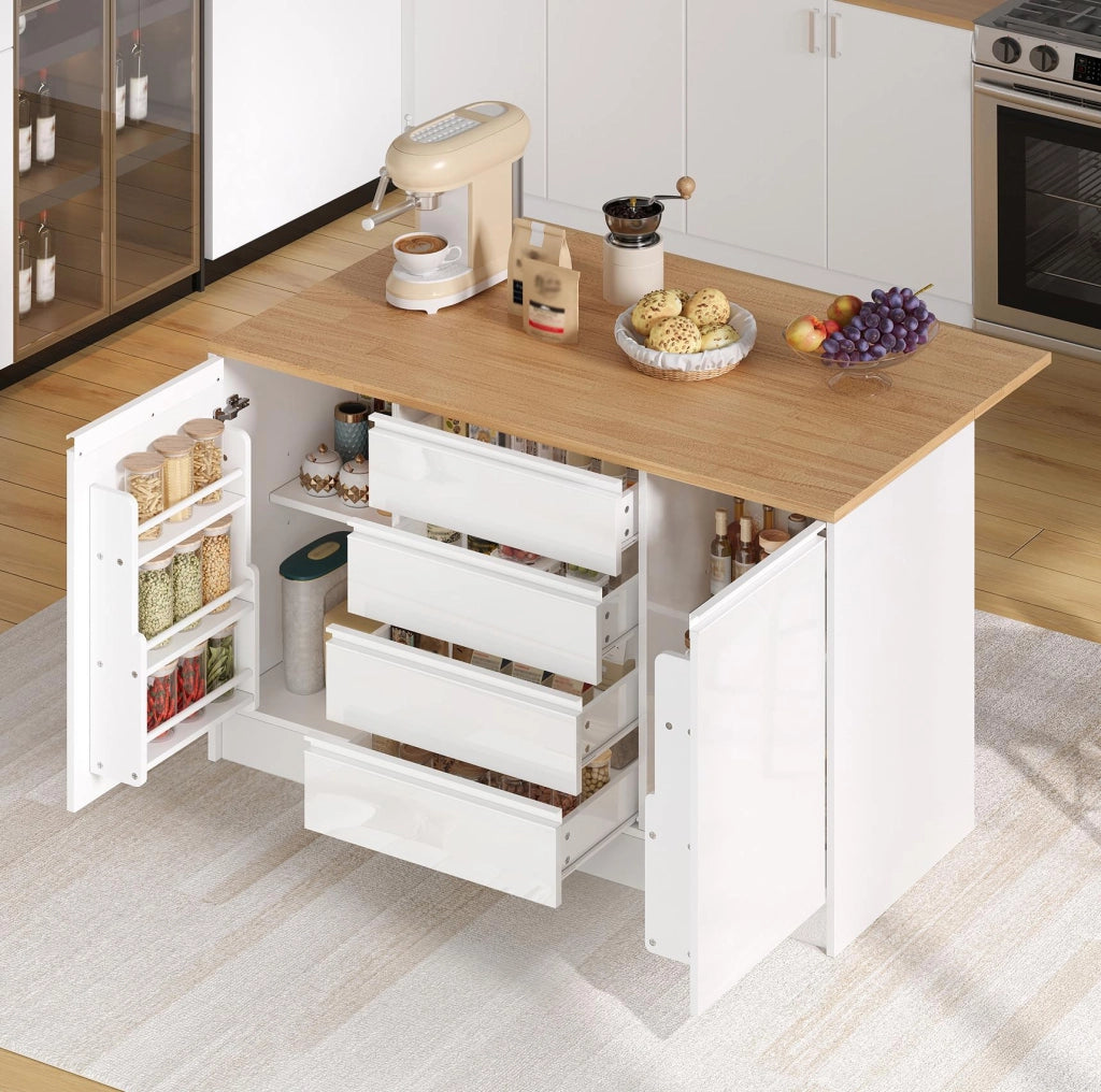 Isola Cucina con Piano Allungabile ¨C MINIMAL ¨C Bianco, 4 Cassetti, 2 Ante, 140 cm