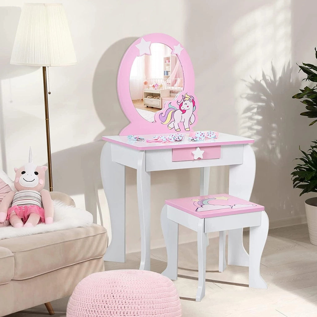 Toeletta per bambine, toeletta principesse con sgabello specchio smontabile e cassetto Bianco-Toelette per bimbi
