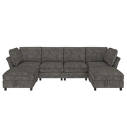 Divano modulare U 6 posti - con pouf contenitore e braccioli ergonomici - in chenille grigio