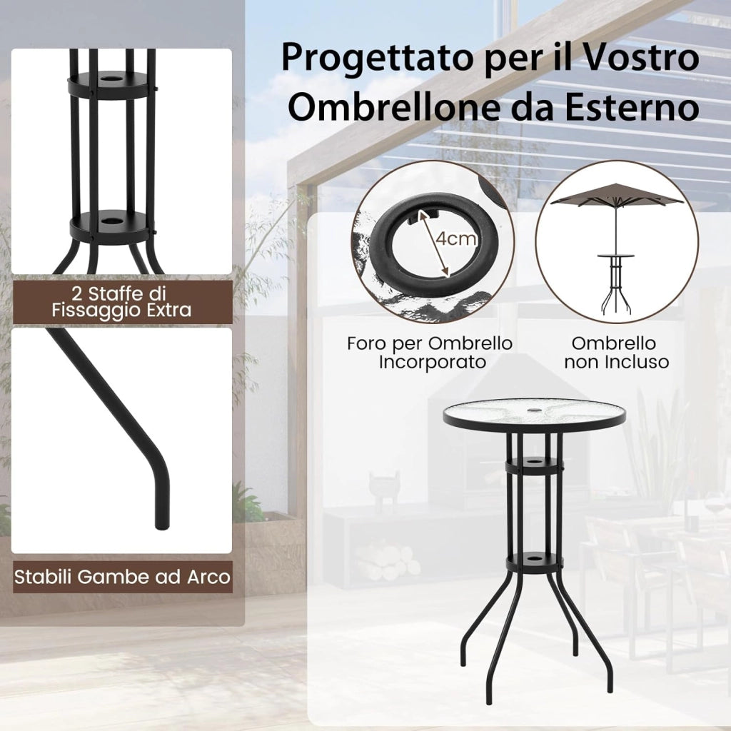 Set Mobili da Giardino 3 Pezzi in Metallo, Tavolo in Vetro e 2 Sedie Pieghevoli, Tavolo da Giardino con Sedie, per Giardino, Portico, Balcone (Senza Ombrello)