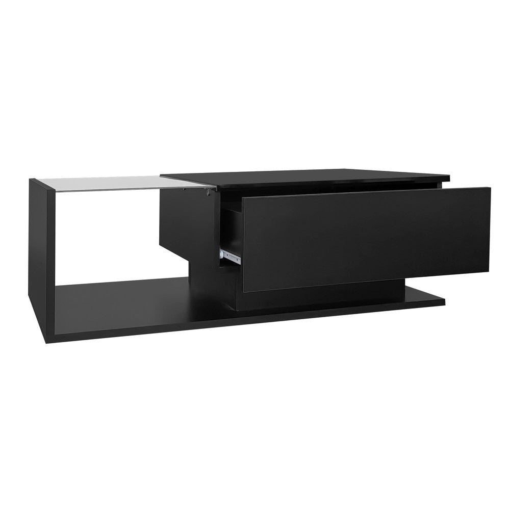 Tavolino da Caff¨¨ con LED e Cassetto ¨C MINIMAL ¨C Nero Lucido, Vetro Temperato, 100x50x32