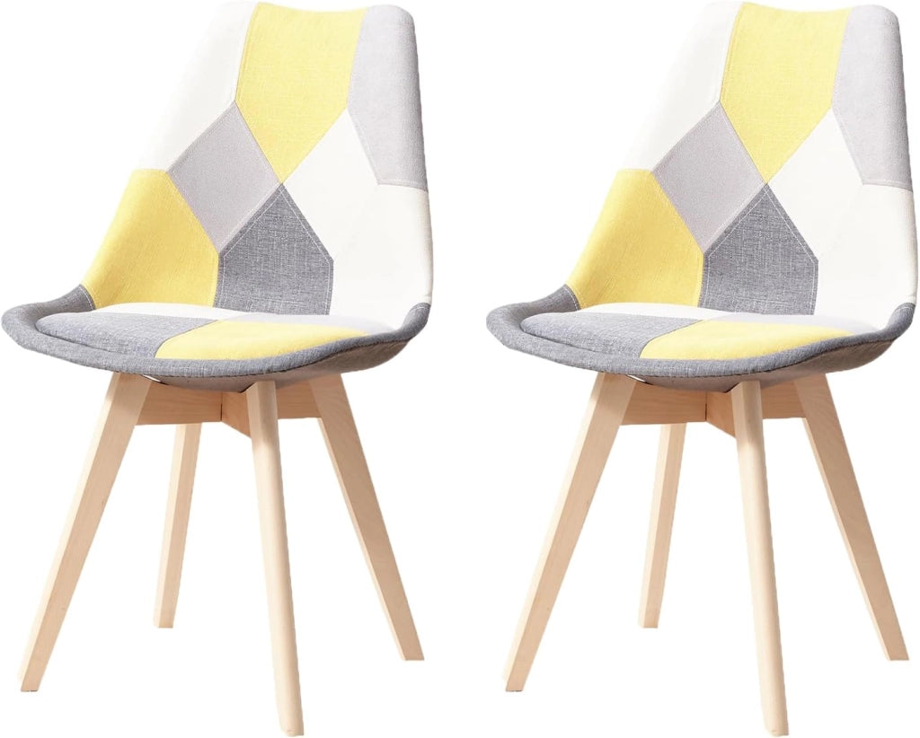 GrandCA HOME Set di 2 Sedie da Pranzo Scandinave con Cuscino del Sedile in Tessuto Patchwork Staccabile e Gambe in Legno di Faggio, per Soggiorno, Sala da Pranzo, Cucina, Patchwork Giallo