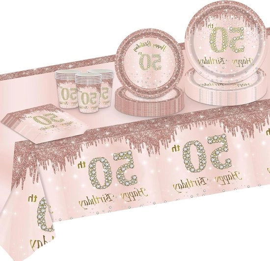 Decorazioni per 50 anni - Set di servizio da tavola - Bordo da festa in carta - Tazze - Fazzoletti - Tela da tavola - Argento rosa - Per 16 ospiti