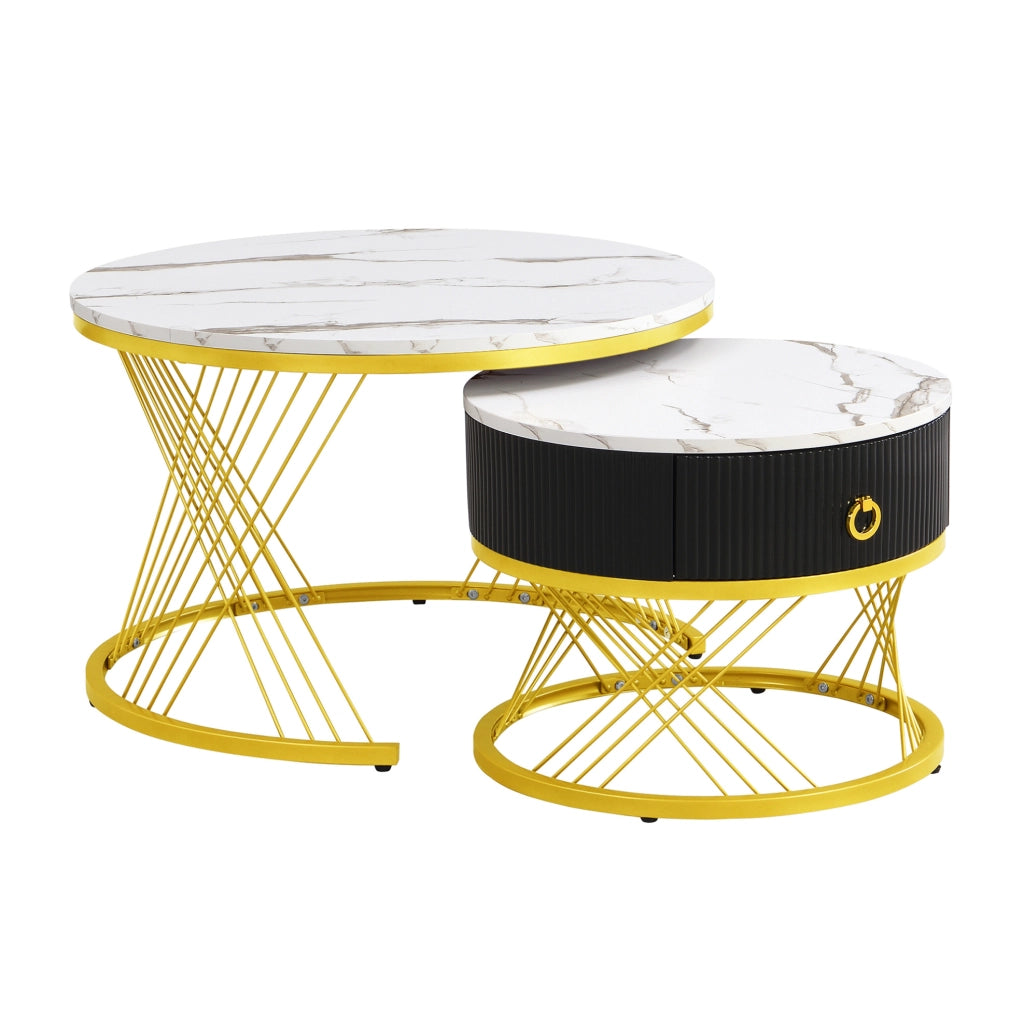 Set 2 tavolini da caffè impilabili con cassetto; effetto marmo; MDF bianco e dettagli oro
