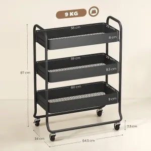 Carrello da cucina in metallo nero, con 3 cestini e 4 ruote