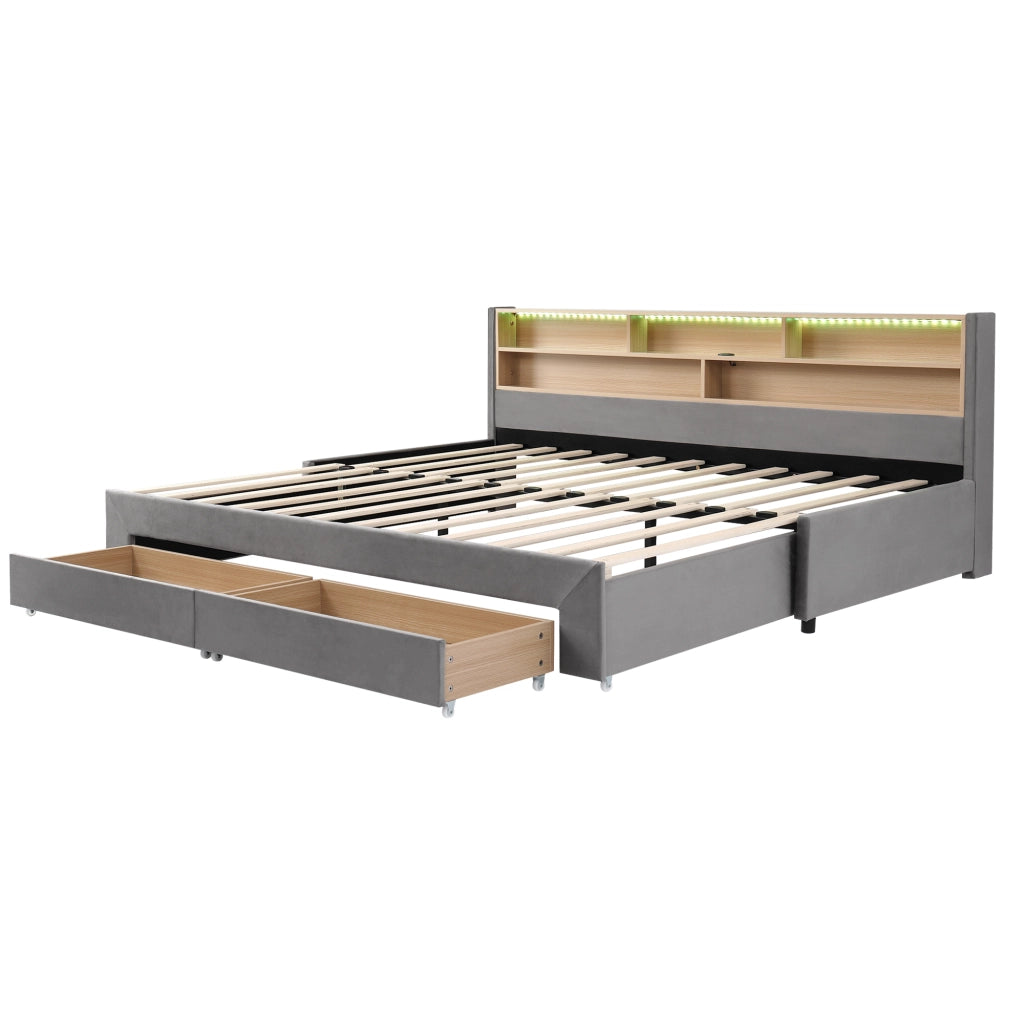 Letto daybed estraibile con cassetti, prese USB e Tipo-C, illuminazione LED, velluto grigio 90x200 cm