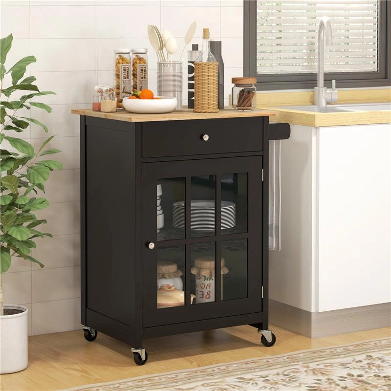 CARRELLO CUCINA CON CASSETTO ARMADIETTO REGOLABILE E PORTASCIUGAMANI IN LEGNO 67X48X86.5 CM NERO E ROVERE