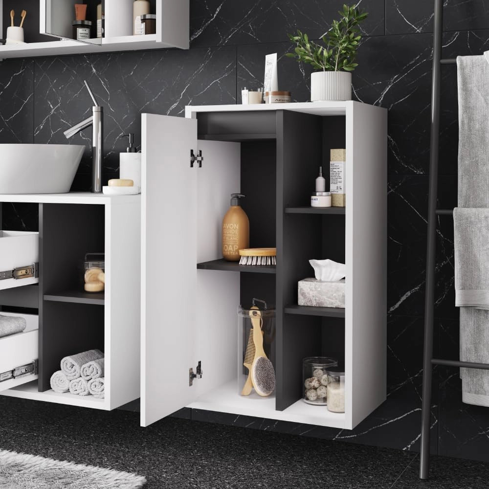 Mobiletto midi Viola, Bianco/Grigio, 50 x 86 cm con ripiani aperti, adatto per montaggio a parete e combinabile con la serie Viola