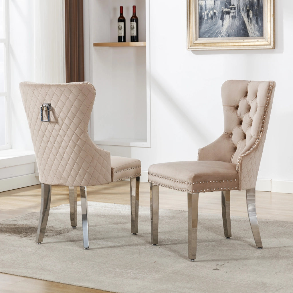 SEDIA da pranzo in velluto beige con struttura in legno massello e gambe in metallo