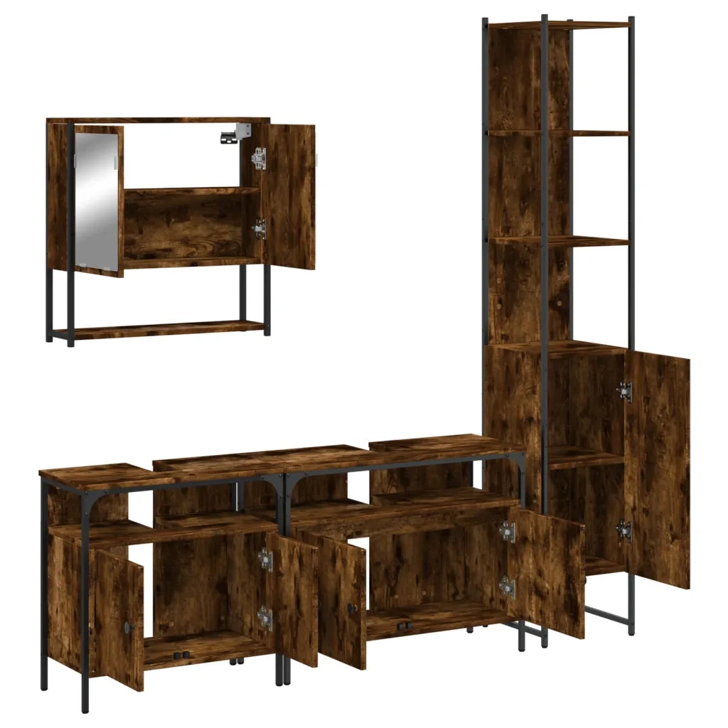 Set Mobili da Bagno | Armadio da bagno 4 pz Rovere Fumo in Legno Multistrato
