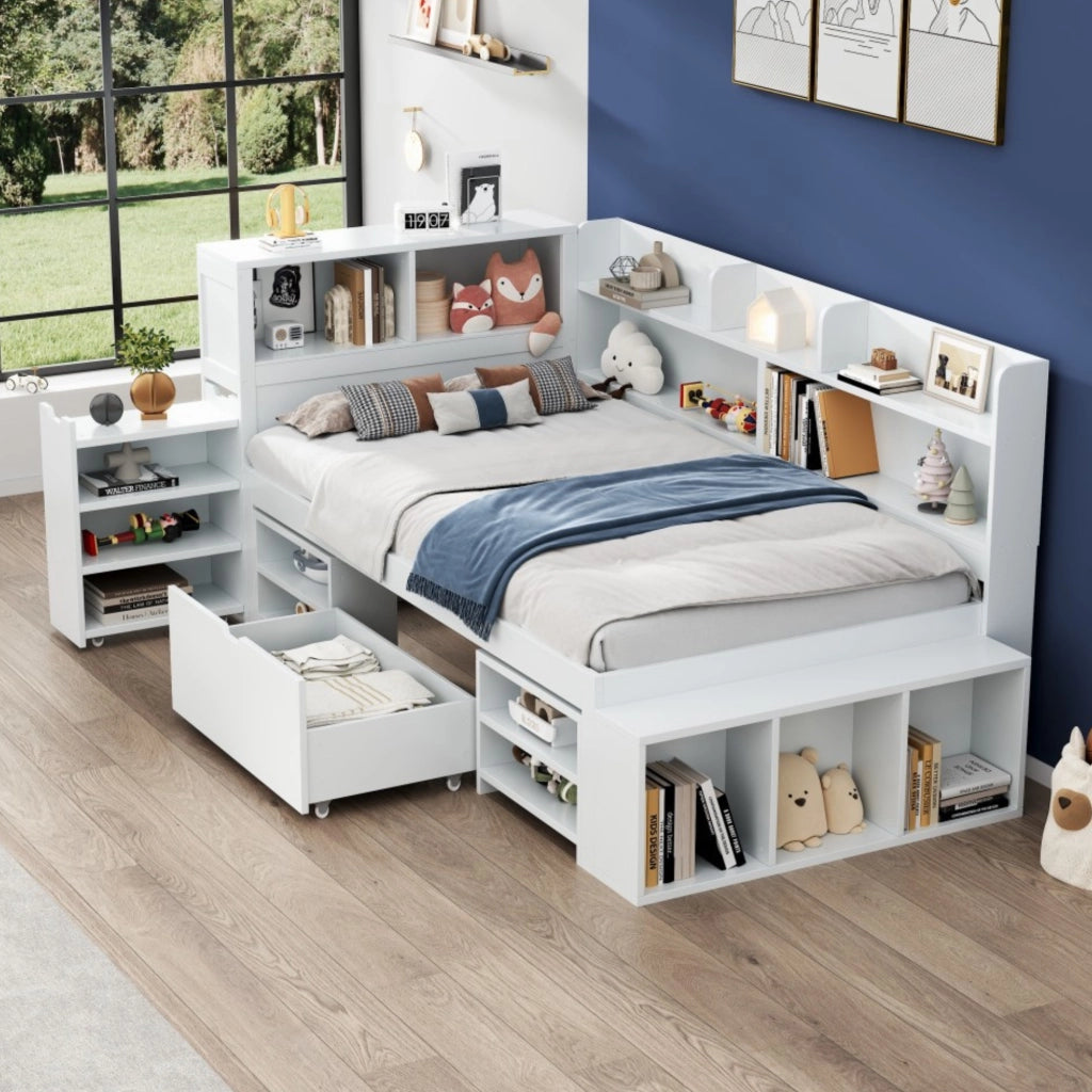 OKWISH Letto Bambino 90×190 cm, Letto Singolo con Contenitore, Cassetti e Mensole, senza Materasso, in Compensato, Bianco