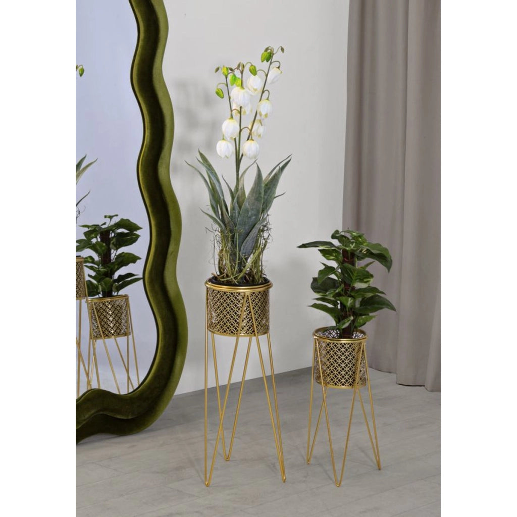 Set di 2 Vasi per Piante VKH405, Oro, Metallo, 21x20x46 cm