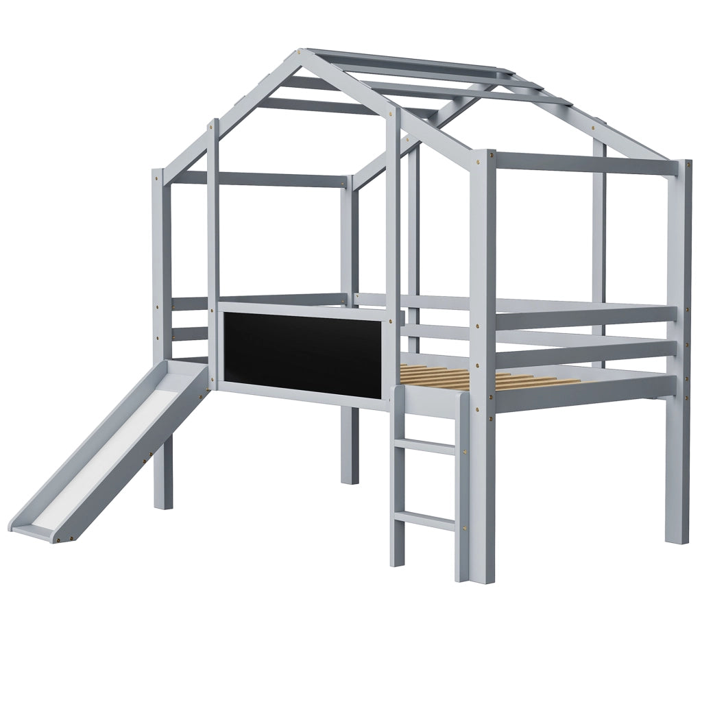 LETTO a soppalco per bambini 90 x 200 cm grigio in legno con scivolo e lavagna