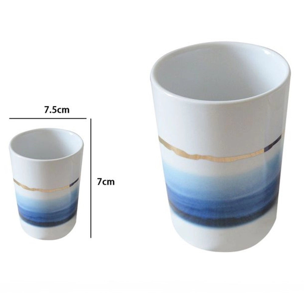 Trade Shop - Bicchiere Porta Spazzolini Con Sfumature Blu Azzurre Riga Oro Arredo Bagno 59866 -