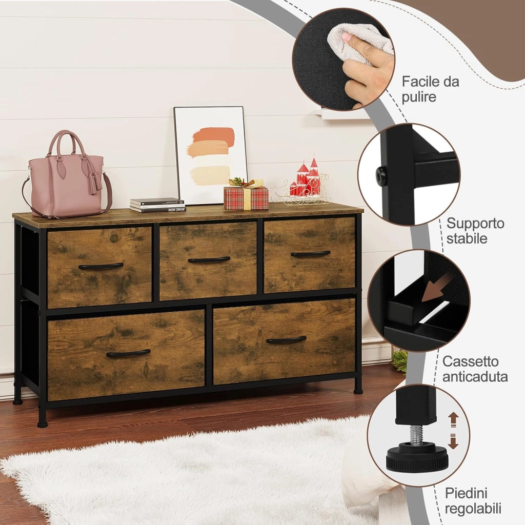 Cassettiera Camera da Letto, Cassettiera con 5 Cassetti a 2 Livelli in Tessuto, Mobile con Cassetti Industriale, Struttura in Metallo e Legno, Marrone Rustico, 100x30x54cm, SSK005hov