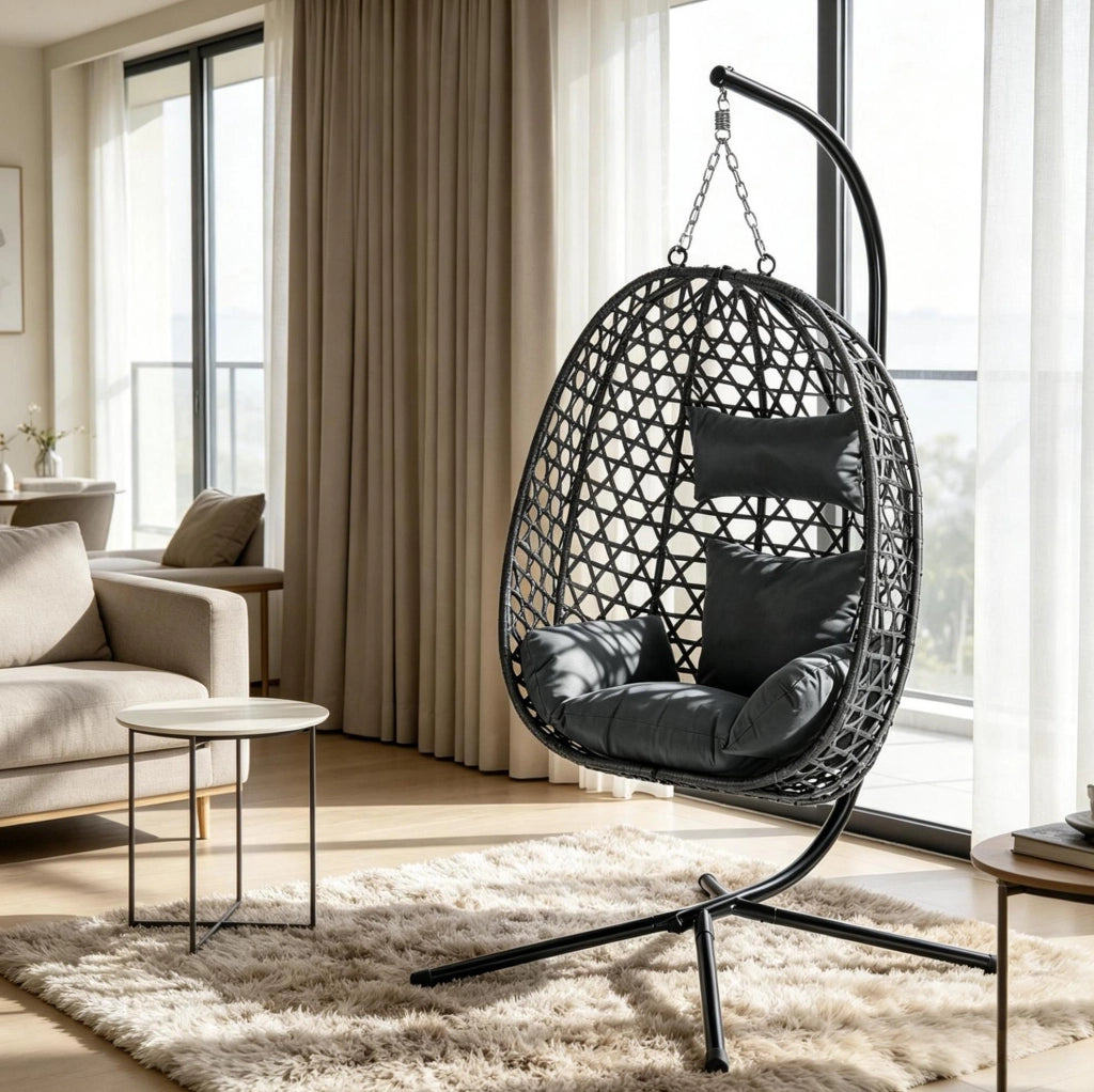Poltrona sospesa ULEVR in rattan PE con supporto, altezza regolabile e cuscini, grigio scuro