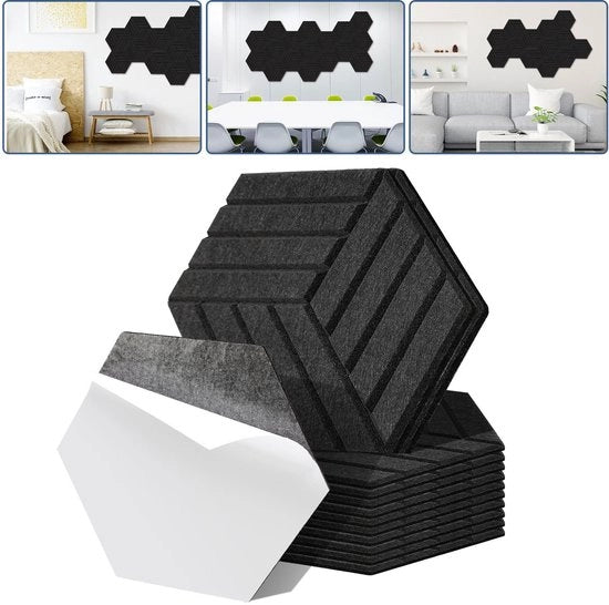 18 pezzi di pannelli acustici Hexagon striscia Autoadesivo Isolamento acustico Velluto Pannello per parete Nero