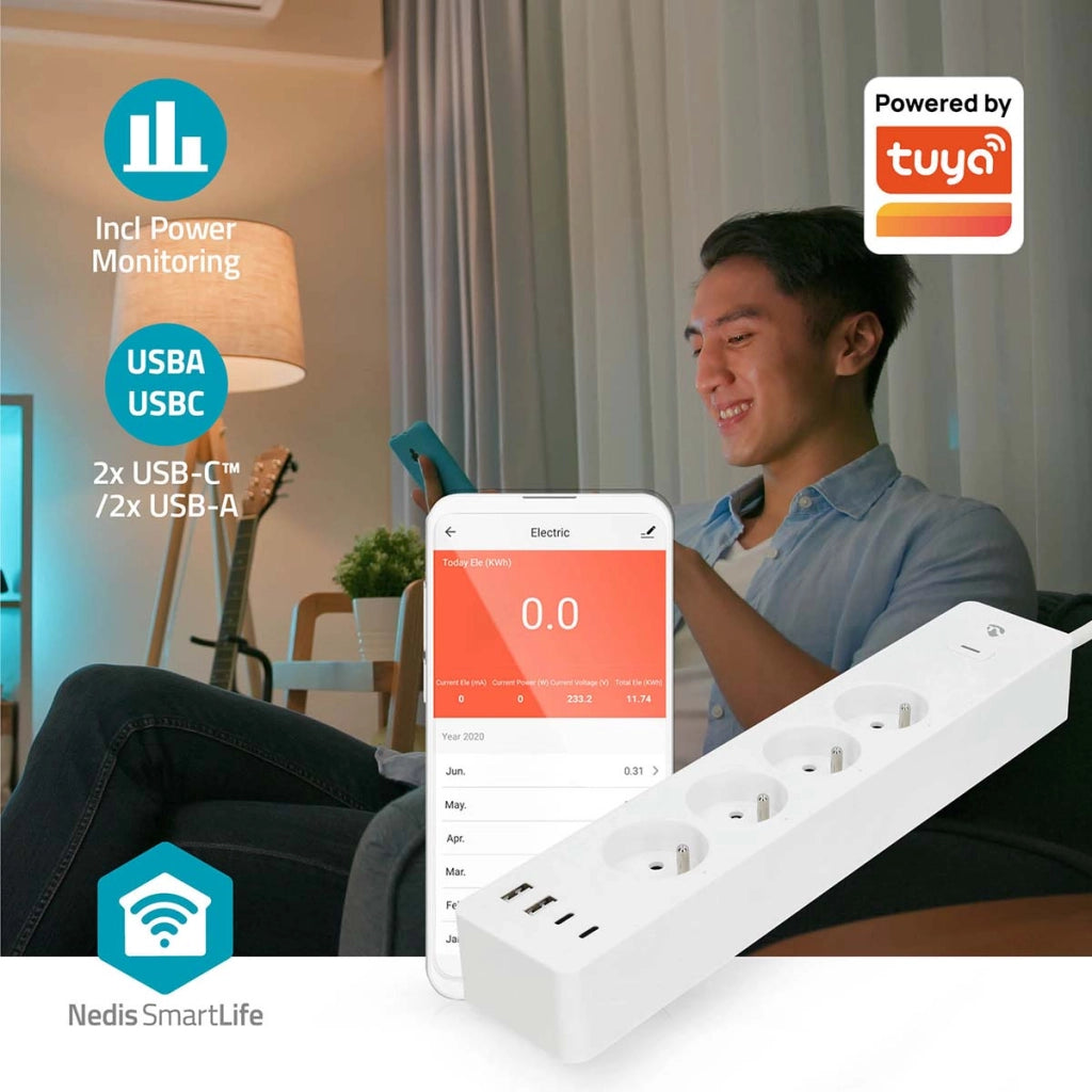 Striscia di alimentazione Wi-Fi Connected 4 uscite 3680W 2m con 4 porte USB Bianco Nedis
