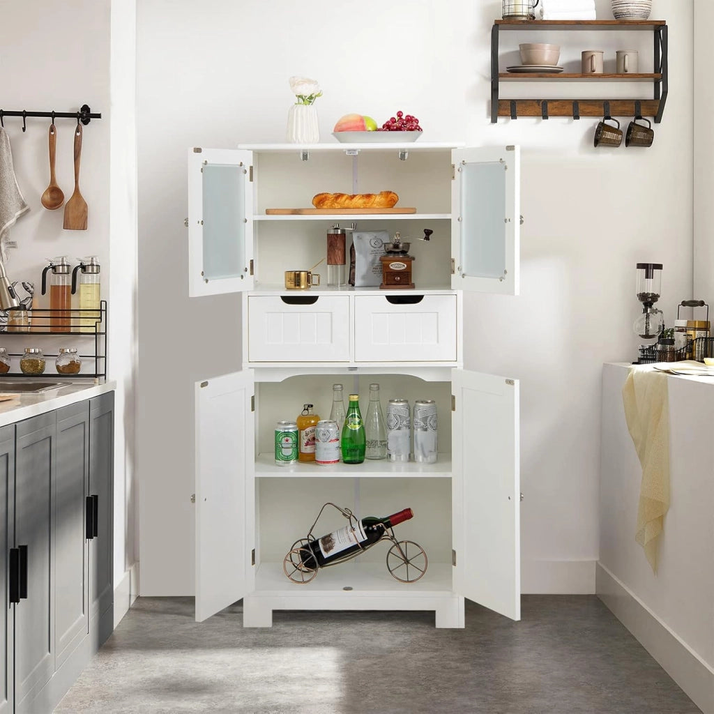 Armadio da Terra con 4 Ante, Mobile da Bagno con 2 Ante in Vetro 2 Cassetti e Ripiani Regolabili, Armadio Multifunzionale per Bagno e Soggiorno (Bianco, 60x30x128cm)