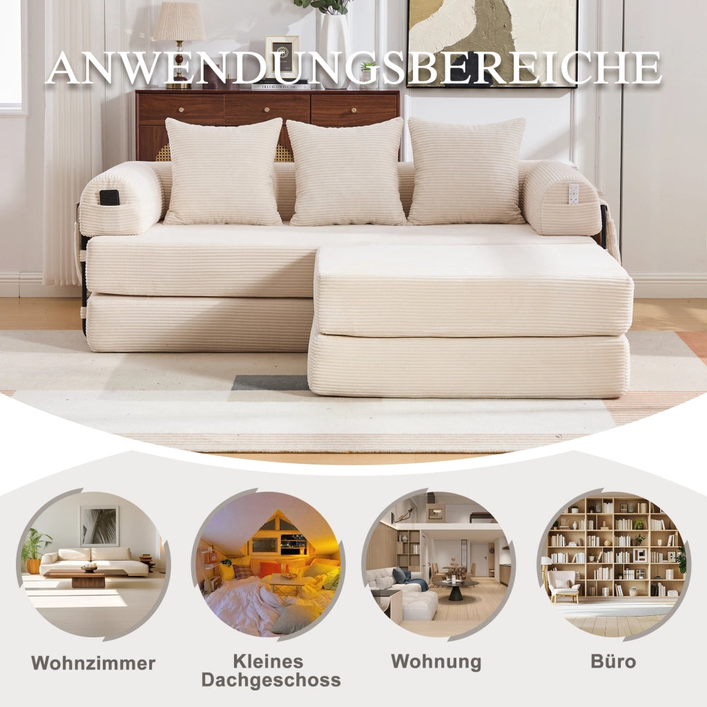 DIVANO modulare in velluto a coste 200x190x67 cm beige con pouf e 3 cuscini