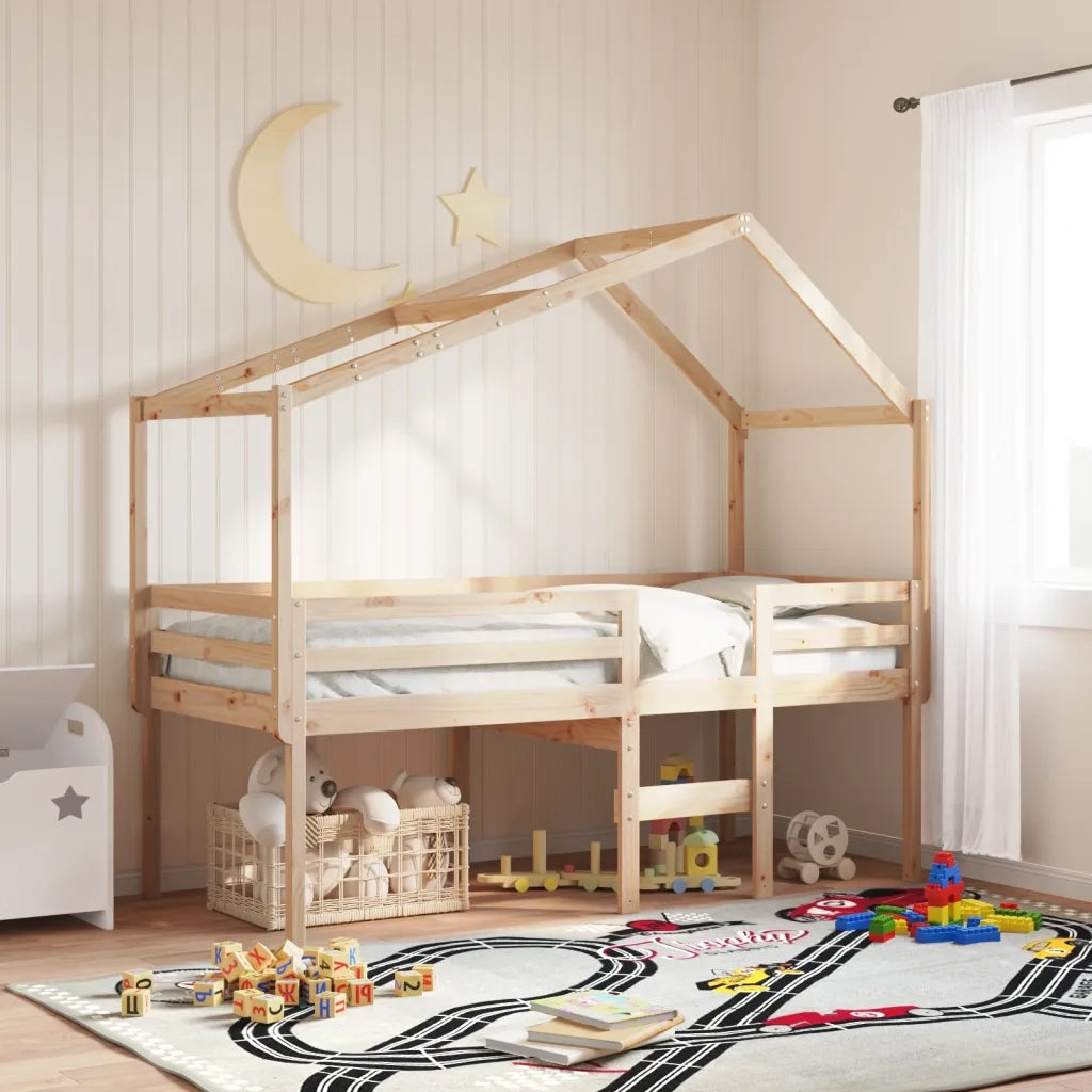 Letto a Soppalco con Tetto 90x200 cm in Legno di Pino
