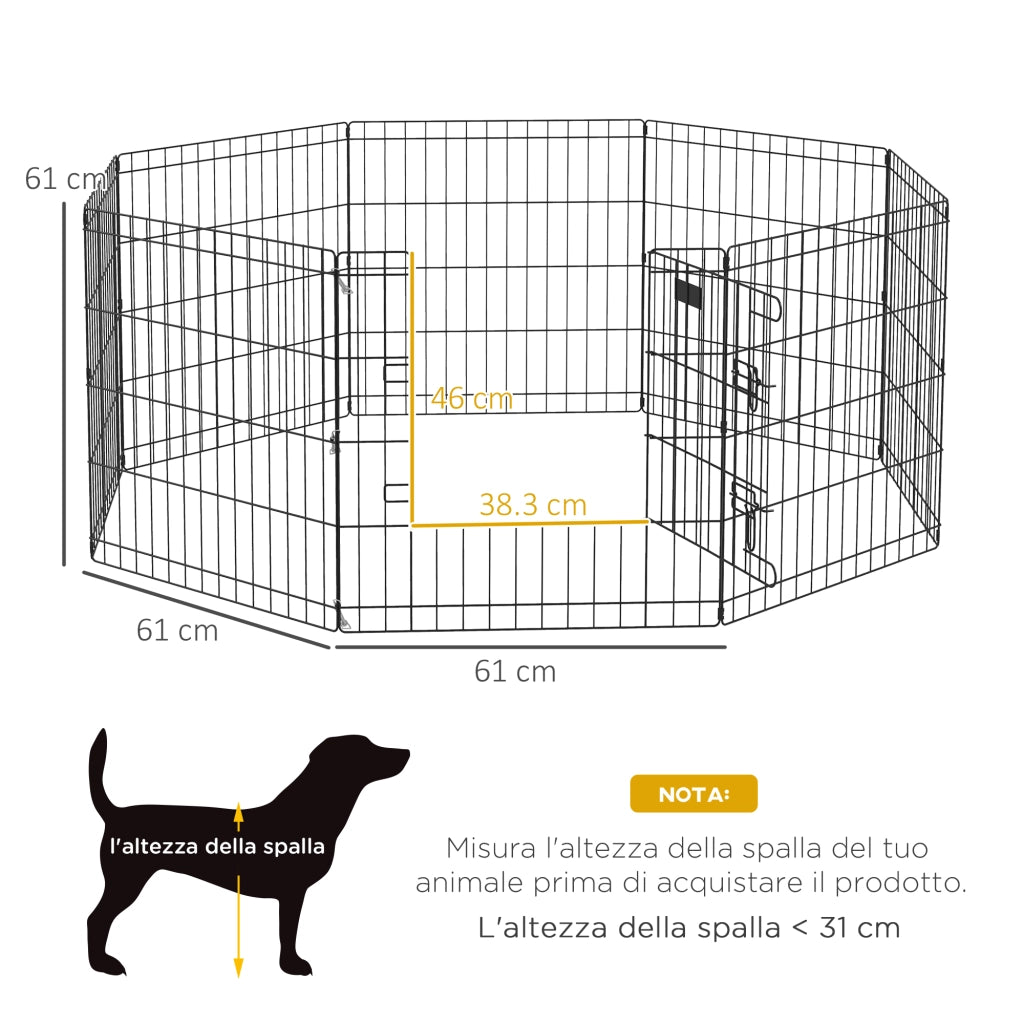Recinto per Cani da Esterno e Interno con 8 Pannelli a Rete e Porta. 61 x 61cm. Nero