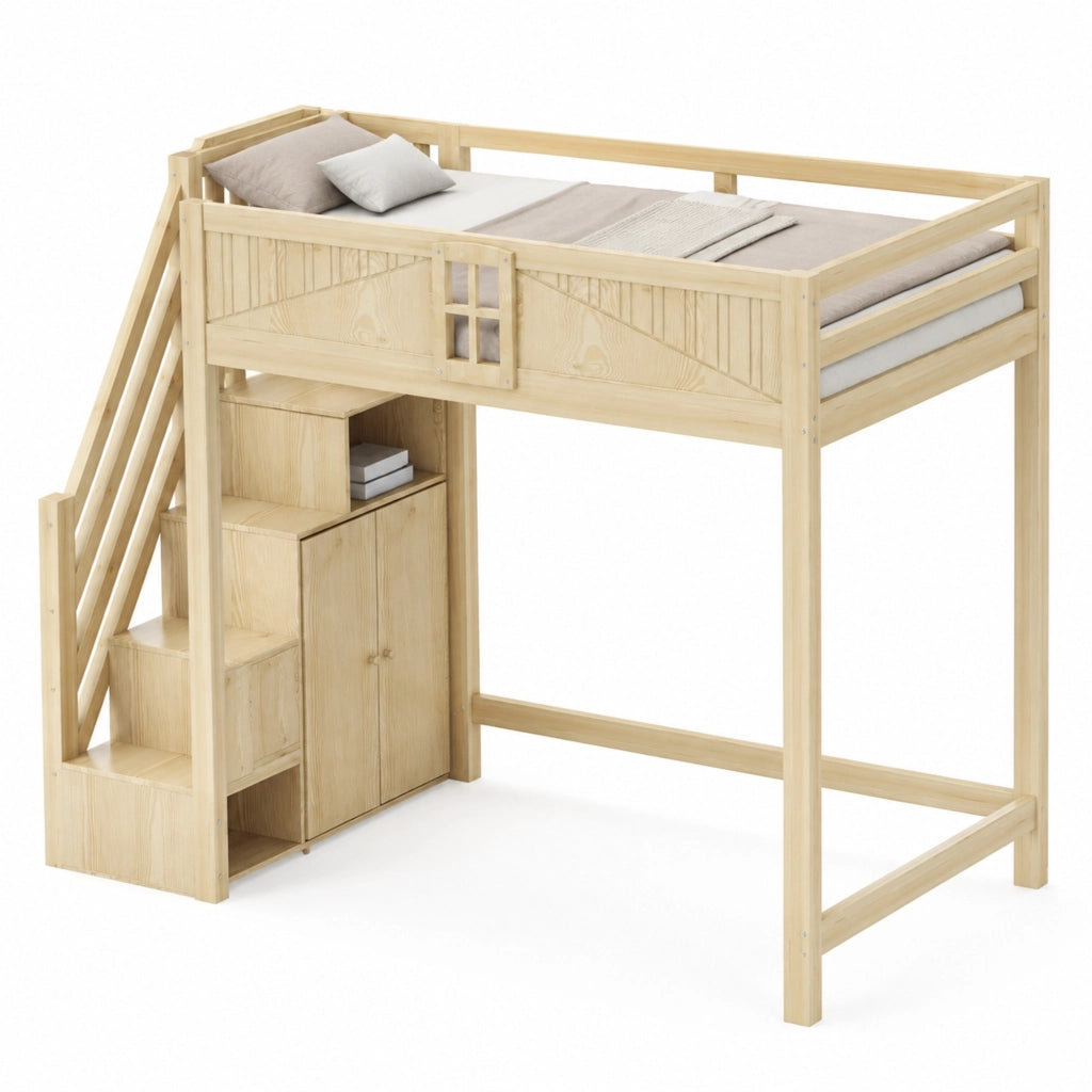Letto a soppalco 90x200 cm in legno naturale con scala reversibile e vani contenitore