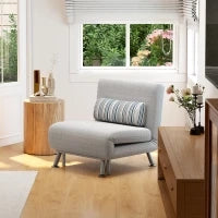 Poltrona Letto Singolo 3 in 1 con Schienale Reclinabile su 5 Livelli, Cuscino Imbottito e Materasso, Divano Letto Singolo Pieghevole per Soggiorno, in Acciaio e Lino, 75x70x75cm, Grigio Chiaro