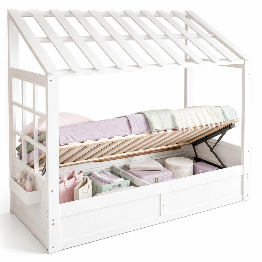 Letto per bambini 90 x 200 cm con contenitore idraulico e vani laterali; bianco