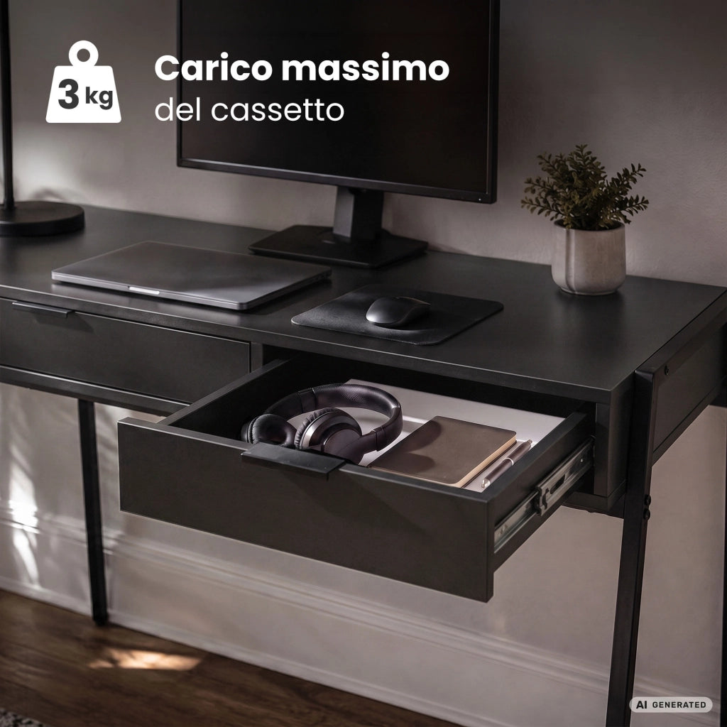Scrivania industriale per computer Nera ZENTIA 100 cm 2 cassetti gambe nere
