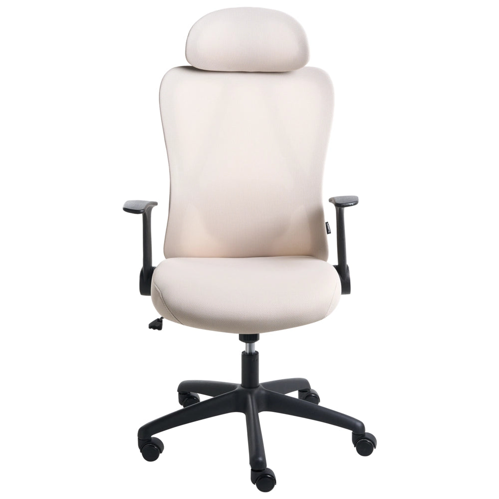 Sedia da ufficio beige in tessuto imbottito girevole da scrivania per computer con poggiatesta regolabile e braccioli ribaltabili