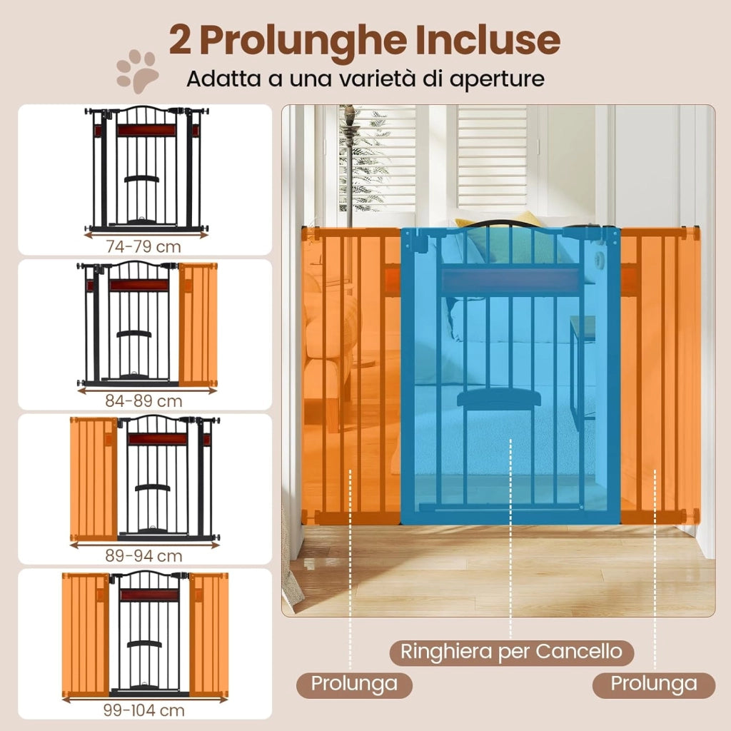 Cancello per Cani per Aperture da 74 a 104 cm, Recinto Espandibile con 2 Prolunghe, Installazione Senza Fori con Supporti, Doppia Chiusura, Cancello Metallico per Scala e Ingresso (Nero)