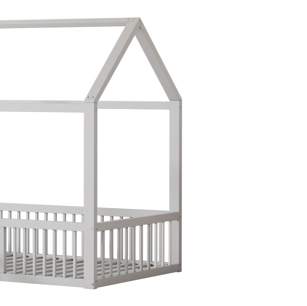 Letto a casetta per bambini 90x200 cm in legno bianco con sponde e porticina
