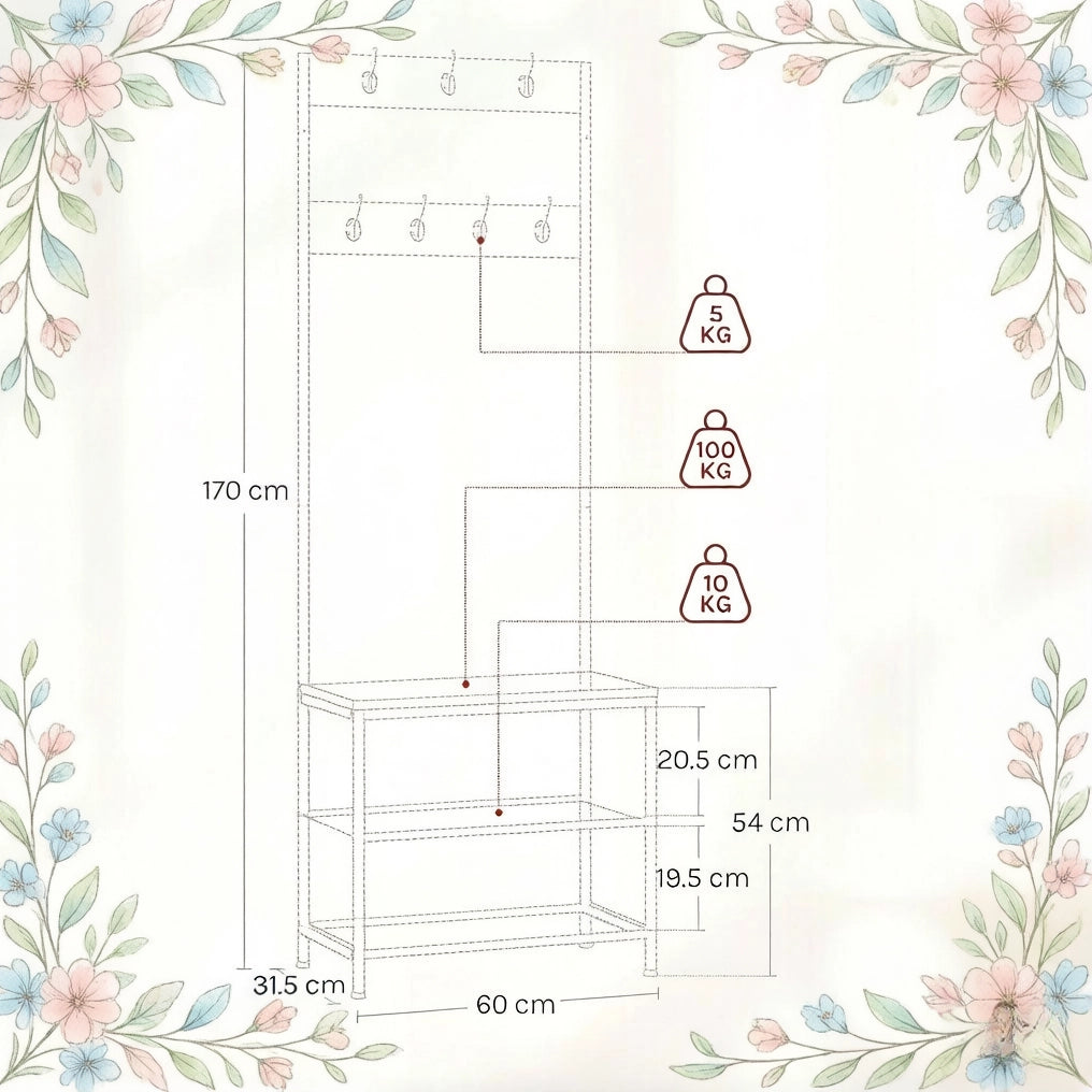 Appendiabiti da ingresso 3 in 1 con scarpiera; panca e 7 ganci; bianco