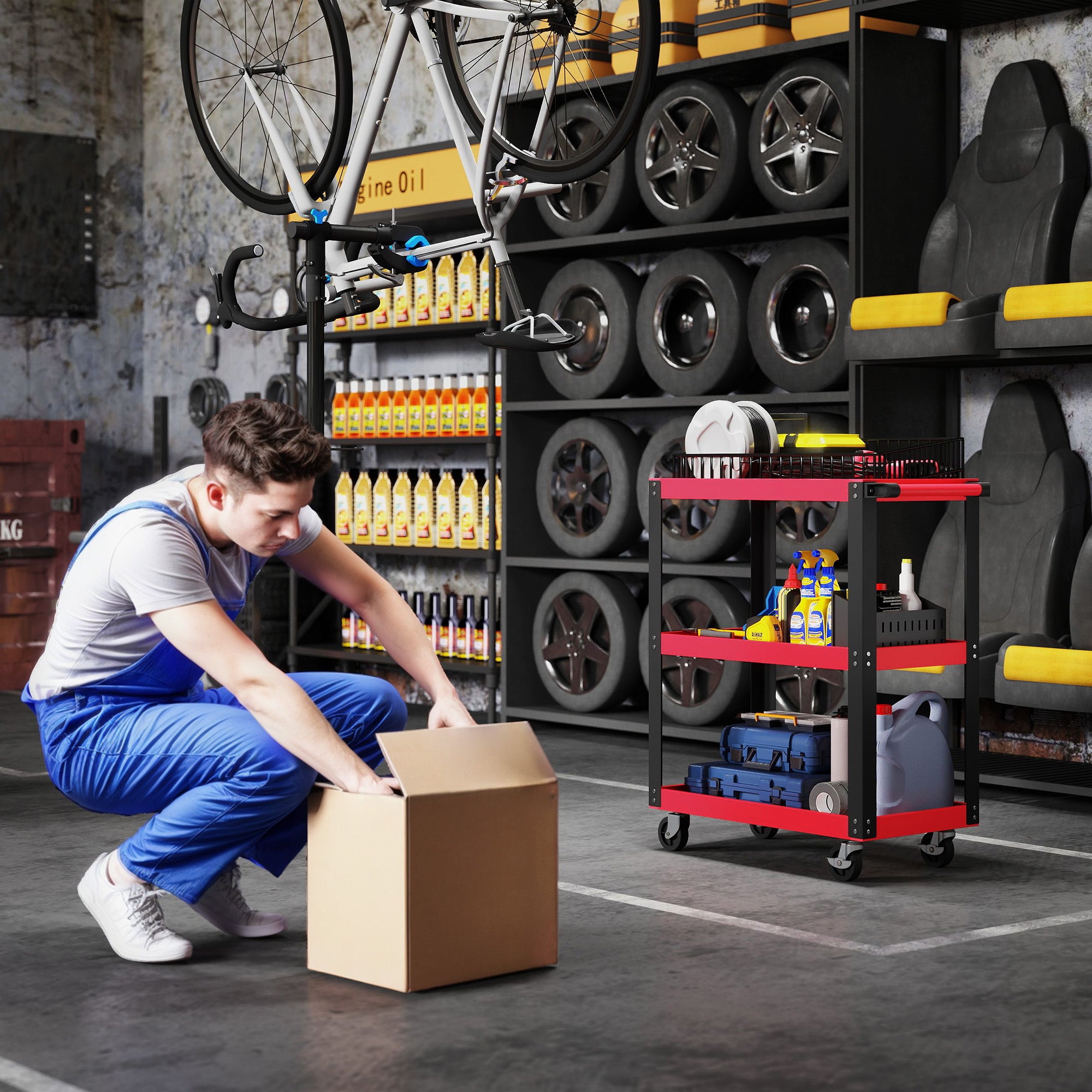 Carrello Porta Attrezzi a 3 Ripiani 70,5x35x82,5 cm in Metallo e PP Rosso e Nero