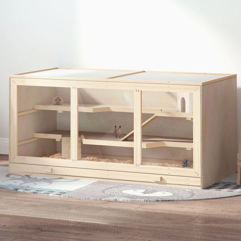 Gabbia per Criceti in Legno 3 Livelli con Scala e Ripiano ¨C zephmum ¨C 115x57x55 cm Naturale
