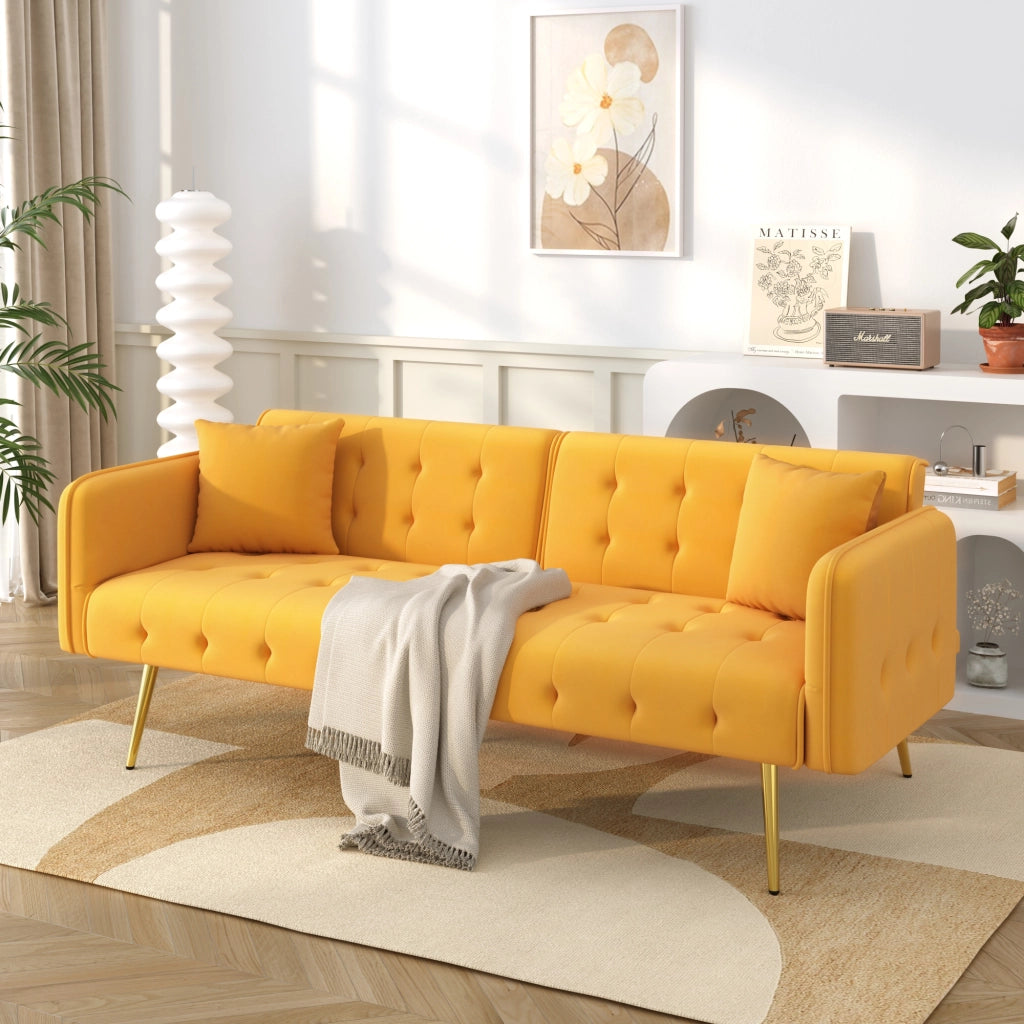 OKWISH Divano Letto 2 Posti, Schienali e Braccioli Regolabili, con Cuscini, Velluto ed Espanso, Giallo