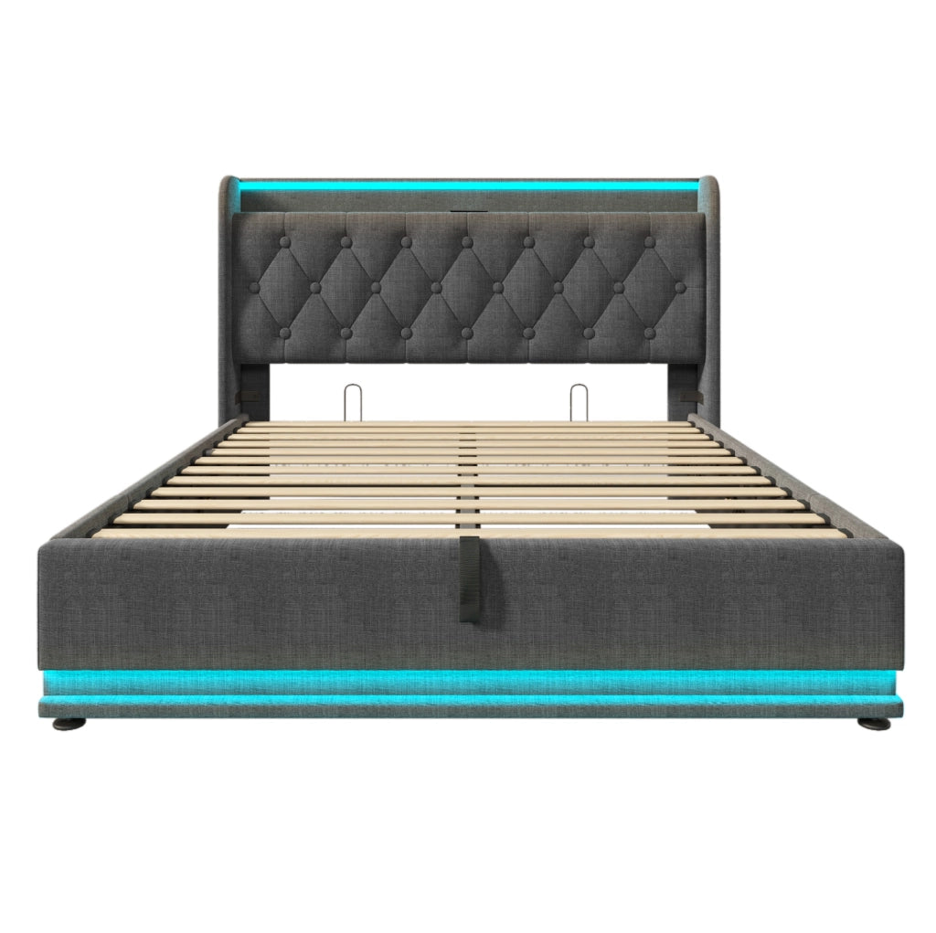 Letto matrimoniale 160x200 cm in lino grigio con LED; contenitore idraulico e ricarica USB Type-C