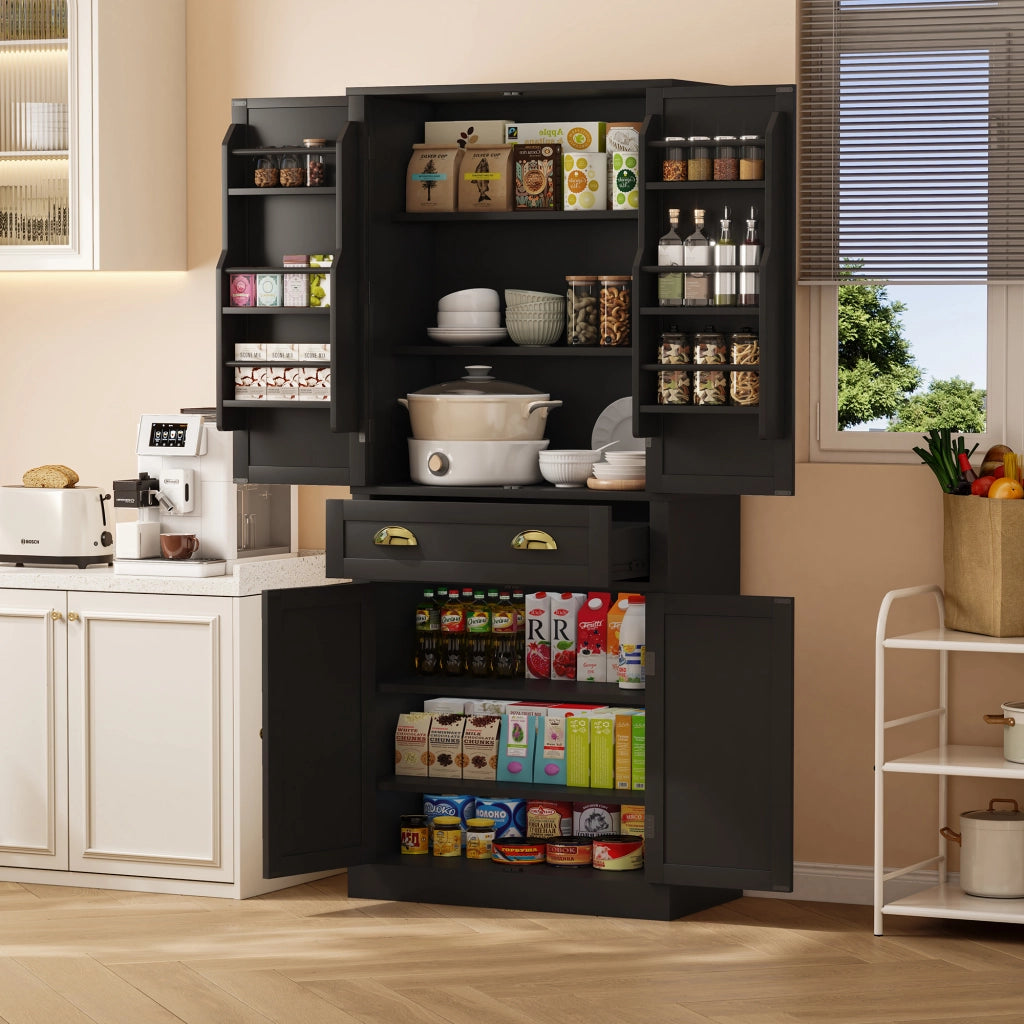 Credenza da cucina con 1 cassetto; 4 ripiani regolabili e 6 vani - per cucina - in MDF - 80x40x182 cm - nero