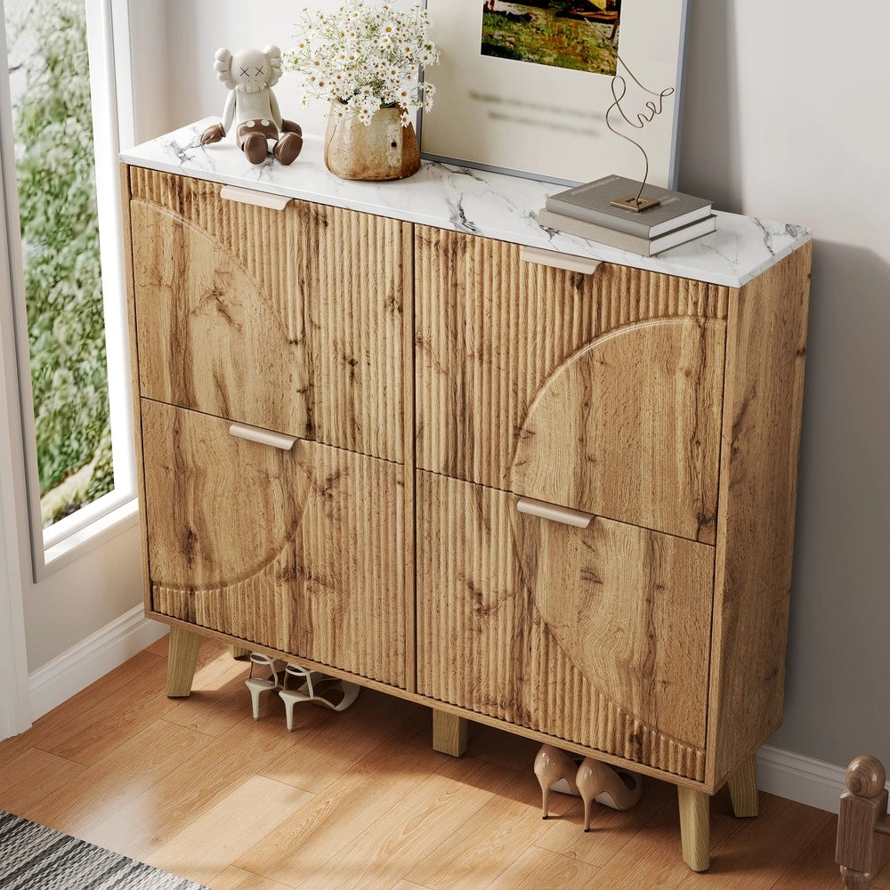 Scarpiera con Ante a Ribalta in Legno ¨C MINIMAL ¨C Piano Marmo, Gambe Massello, 4 Ante