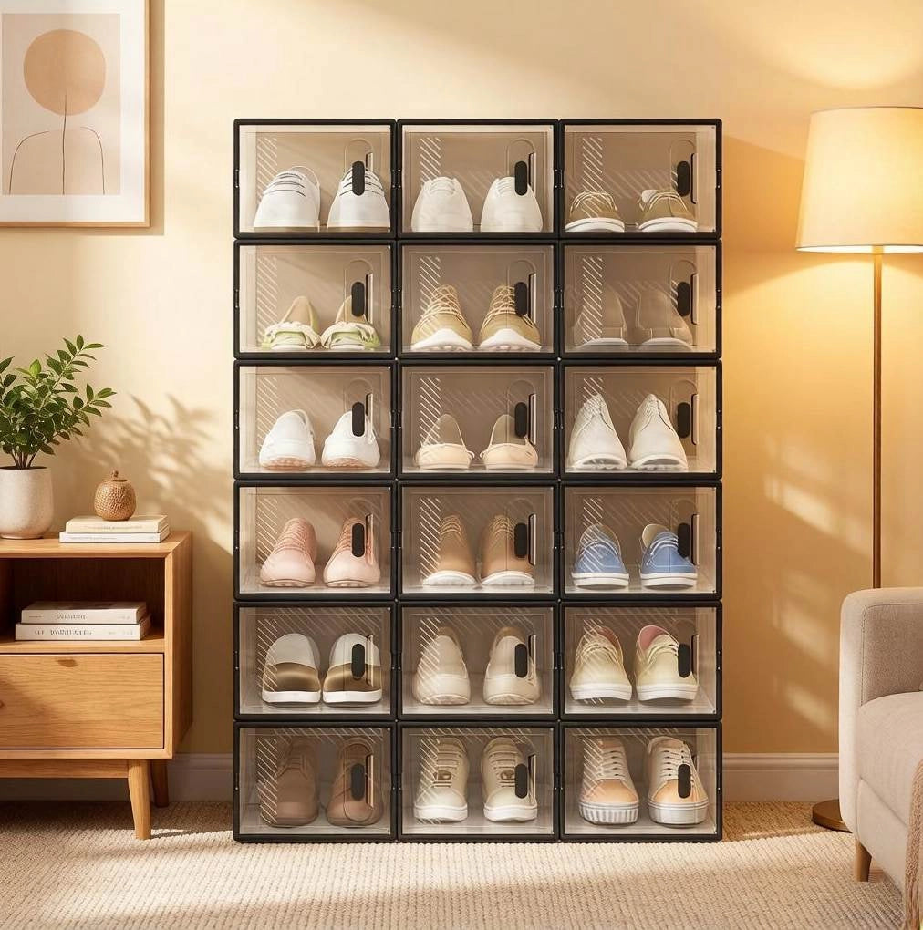 Set di 18 scatole per scarpe impilabili trasparenti nere