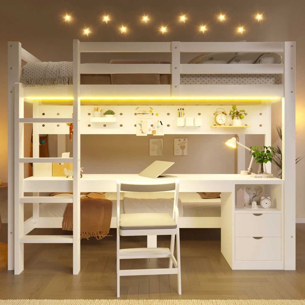 Letto a castello con scrivania, cassetti e luce LED 140x200/90x200