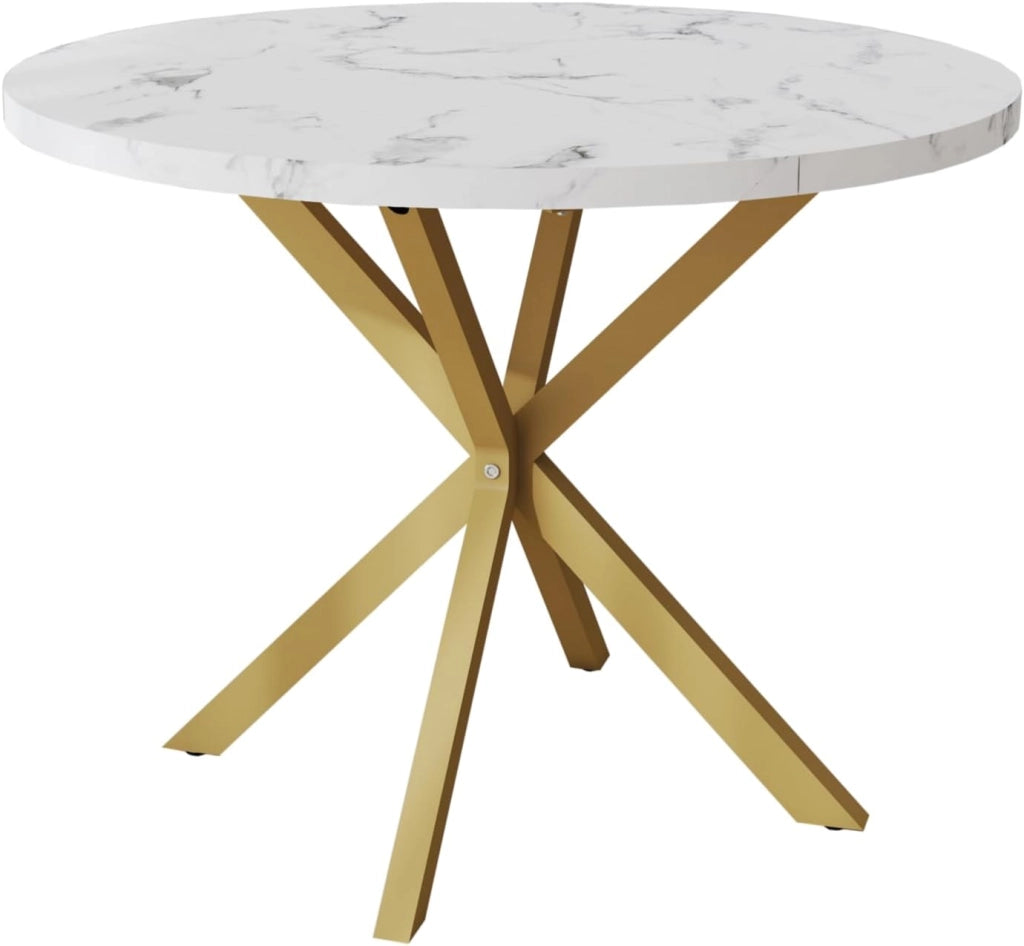 GrandCA HOME Tavolo da Pranzo Rotondo con Piano Moderno Effetto Marmo, Tavolo da Pranzo da Cucina con Quattro Gambe in Metallo, per Sala da Pranzo, Marrone Chiaro