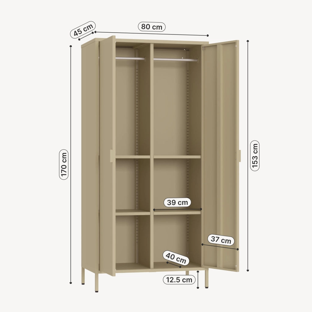 Armadio Guradaroba Esteli in Acciaio a 2 Ante con 2 Barre Appendiabiti e 4 Ripiani 170 x 80 x 45 cm - Color Cammello [en.casa]
