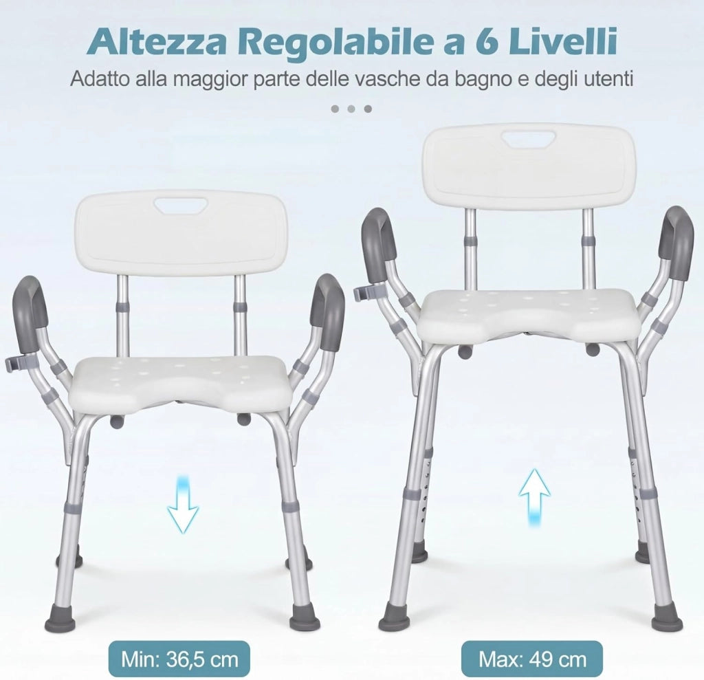 Sedia da Doccia Anziani, Sgabello da Doccia Antiscivolo con Braccioli e Schienale, Sedile a Forma di U e Altezza Regolabile, in Alluminio Resistente, per Disabili e Donne Incinte