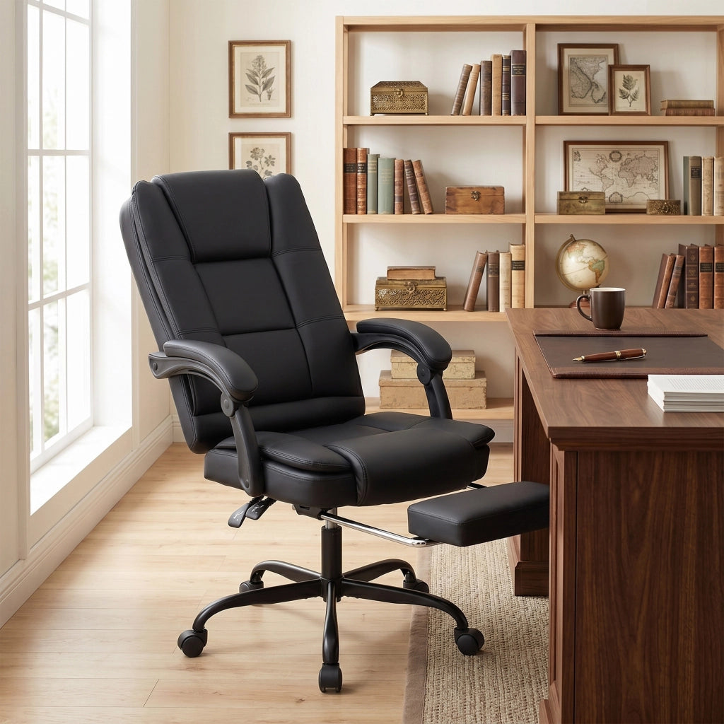 Sedia da Ufficio Ergonomica e Reclinabile 150¡ã con Poggiapiedi, in Cotone e Metallo, 65x67x112-122 cm, Nero