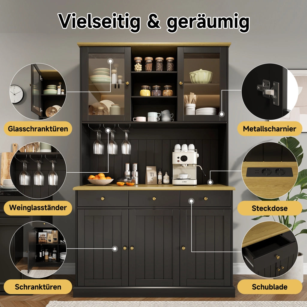 Credenza Alta da Cucina con Vetrina; 1 Cassetto; Portabicchieri; 2 Prese e USB-A USB-C; in MDF; Nero; 120 x 40 x 191 cm